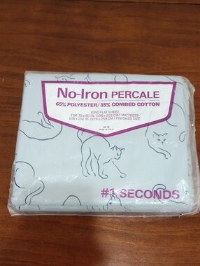 #1 Seconds No-Iron Percale Blue with Cats Flat Sheet, King Size - Vintage!